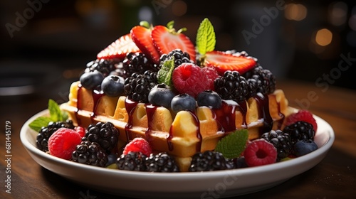 A dish of waffles topped with fresh fruit and chocol
