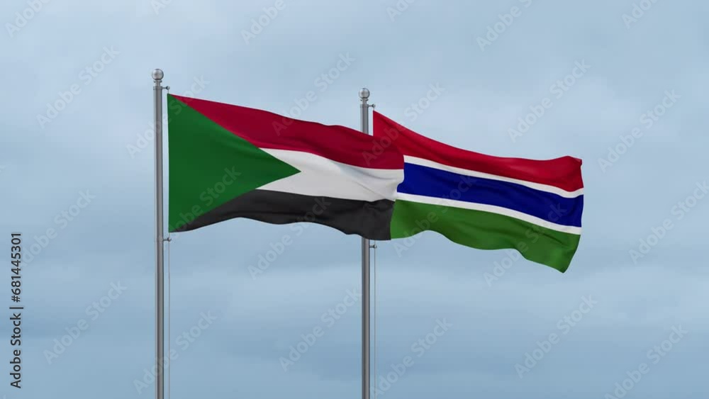 Gambia flag and Sudan flag waving together on cloudy sky, endless seamless loop, two country relations concept Gambia flag and Sudan flag waving together on cloudy sky, endless seamless loop, two country relations concept