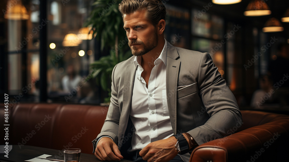 young handsome man in elegant suit sitting in bar - obrazy, fototapety, plakaty 