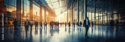 Crowd of blurred business people walking in a modern entrance by Generative AI photo