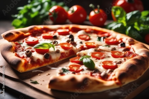 Pizza with mozzarella cheese, tomatoes and basil on dark background