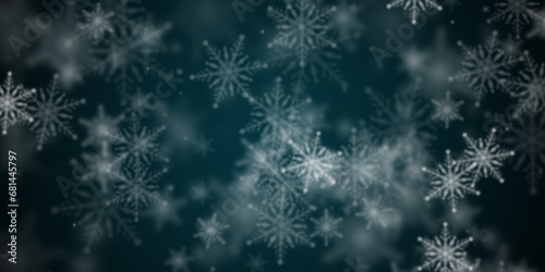 Abstract dark blue background with flying snowflakes
