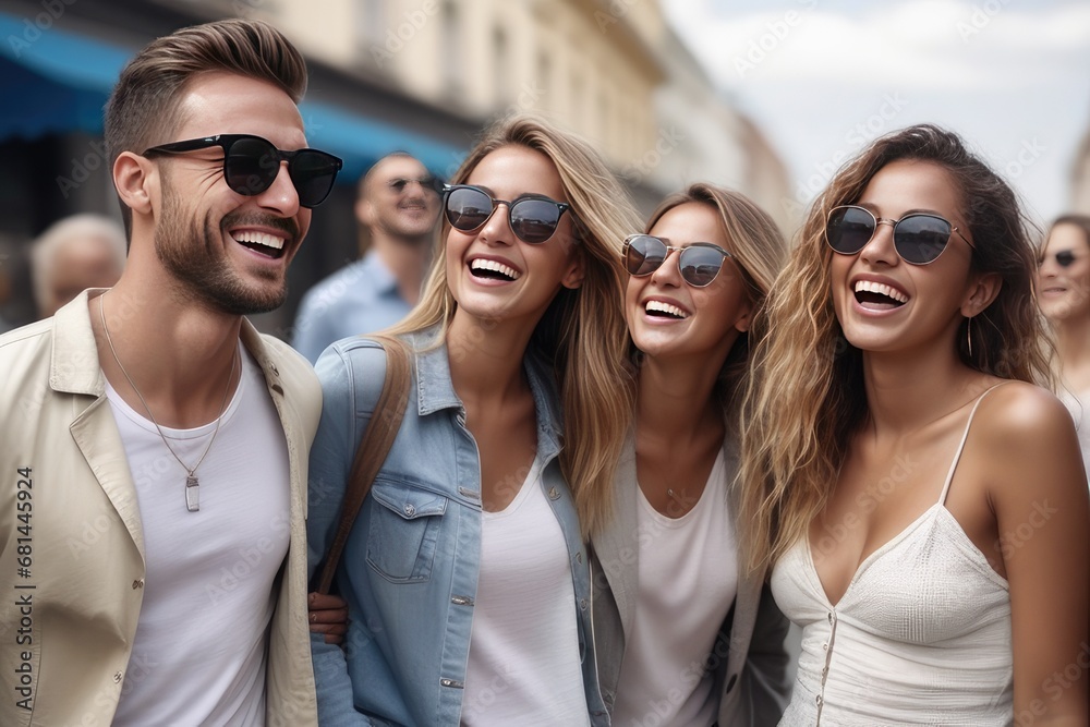 group of people in sunglasses in city street group of people in sunglasses in city street