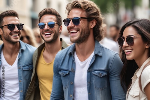group of people in sunglasses in city street