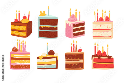 Slices of birthday cakes with burning candles, sweet piece of festive pastry isolated set on white