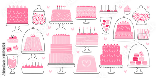 Pink sweet cakes, candies and delicious desserts for birthday celebration set vector illustration