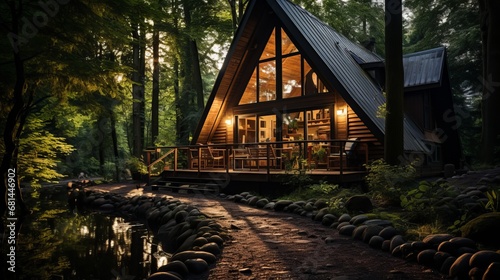 A wooden cabin nestled in the midst of a lush summer