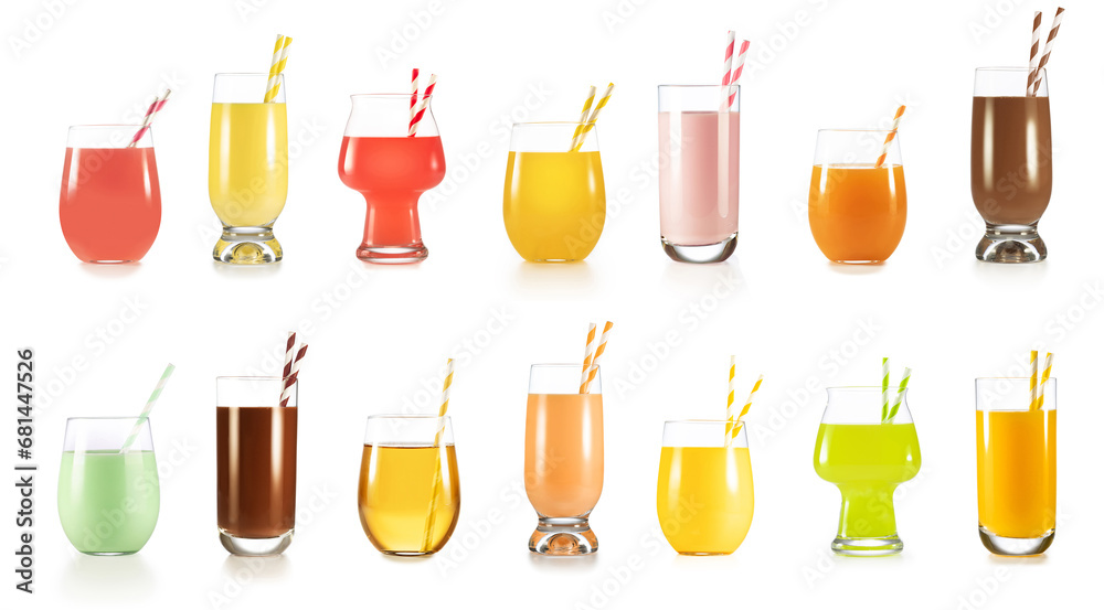 Collection of different fruit juice and smoothie glasses with striped paper drinking straws isolated on white background. Collection of different fruit juice and smoothie glasses with striped paper drinking straws isolated on white background.