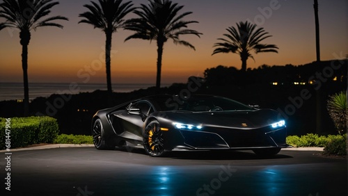 Luxurious sportscar at night on driveway with palms in background. Extremely detailed and realistic high resolution illustration © RobinsonIcious