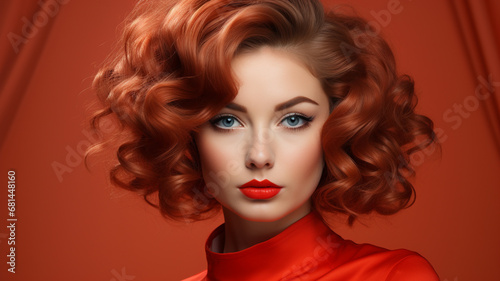 beautiful red - haired woman in a red dress.