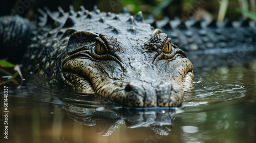 A close up photograph of an alligator in the water.