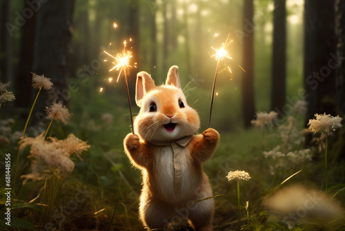 Happy rabbit in the forest holding sparklers