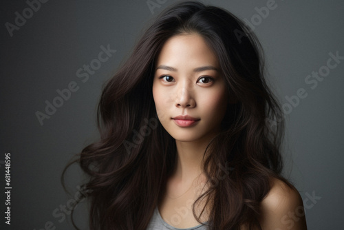 Portrait of beautiful asian woman with long hair on gray background.
