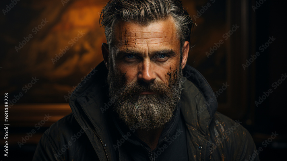 handsome bearded man in leather jacket and mustache with long beard in stylish jacket with serious face