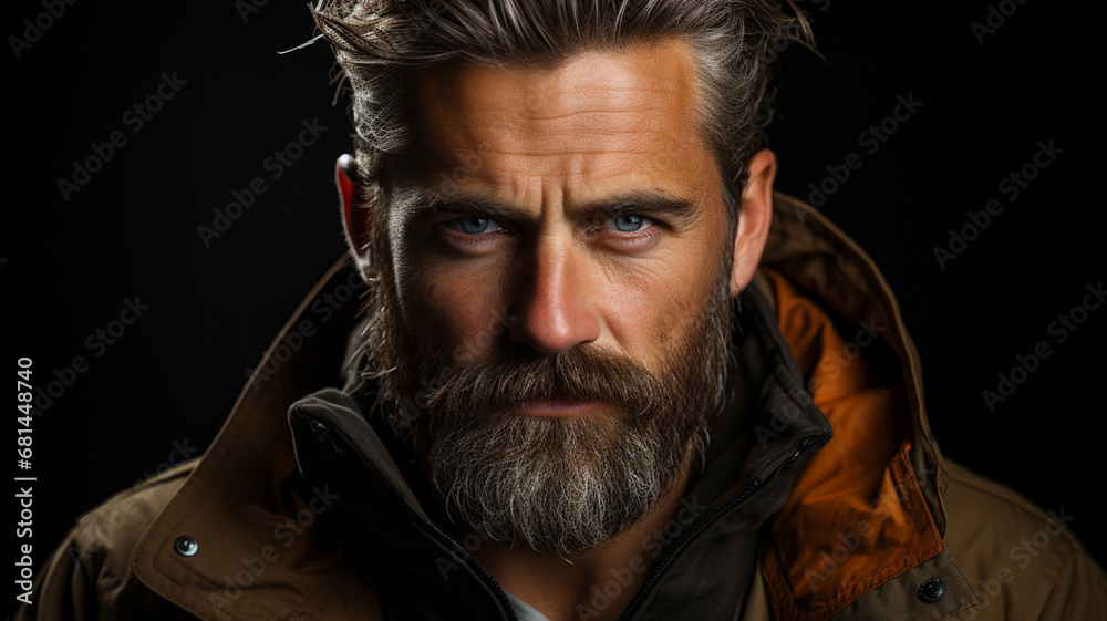 Obraz premium handsome bearded man in leather jacket and mustache with long beard in stylish jacket with serious face