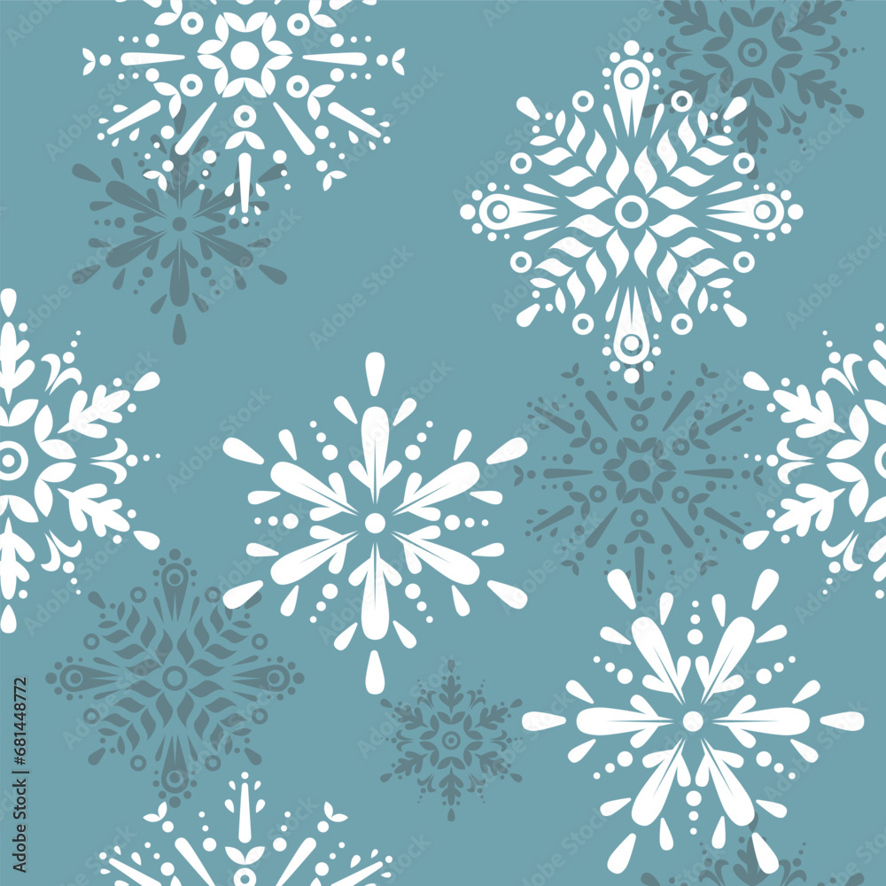 Seamless pattern with white snowflakes on blue background. Texture for Christmas banner, wrapping, wallpaper, textile. New Year traditional ornament. Vector Illustration.