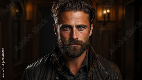 handsome bearded man in leather jacket and mustache with long beard in stylish jacket with serious face