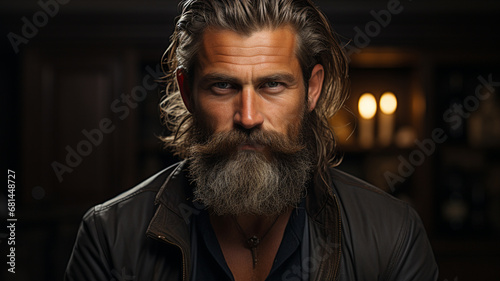 handsome bearded man in leather jacket and mustache with long beard in stylish jacket with serious face photo