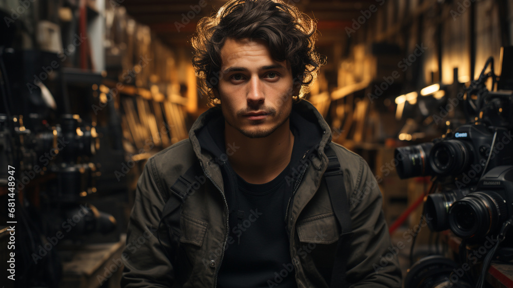 Fototapeta premium portrait of a handsome man in a dark room with a vintage interior in background