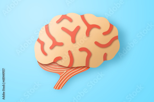 Paper craft of the human brain on blue background. Cross section of human brain for health care concept.