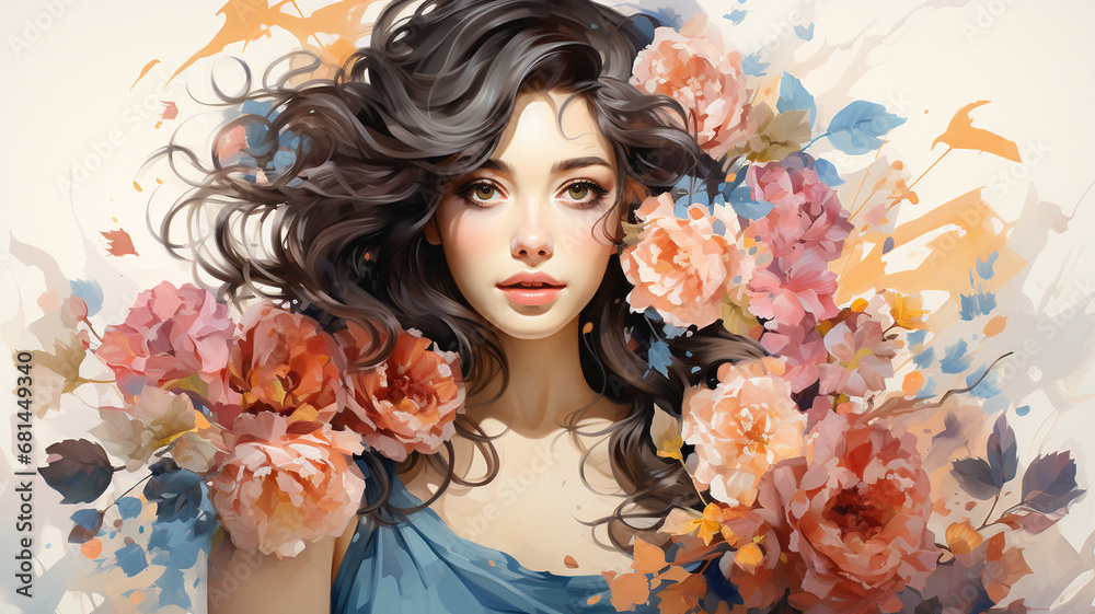 beautiful girl with blue flowers beautiful girl with blue flowers
