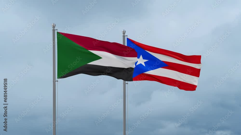 Puerto Rico and Sudan flag waving together on cloudy sky, endless seamless loop, two country cooperation concept Puerto Rico and Sudan flag waving together on cloudy sky, endless seamless loop, two country cooperation concept