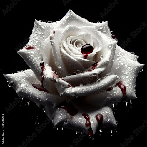 Dewy White Rose with Blood Droplets. A close-up of a white rose covered in dew drops and blood droplets on a black background.