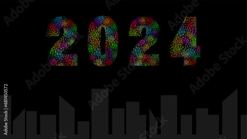 vector Happy New Year 2024. Beautiful holiday web banner or billboard with fireworks inside 2024 text and city building silhouette.