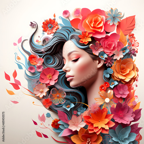 Graceful Woman with Colorful Floral Cascade Symbolizing Femininity and Life