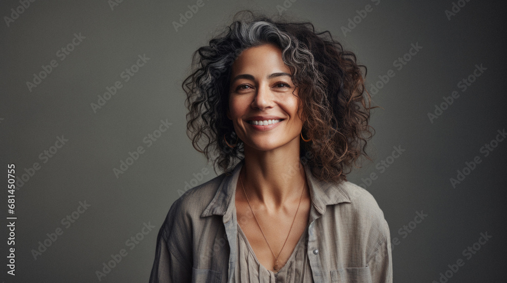 Portrait of smiling mature woman with curly hair on gray background. Portrait of smiling mature woman with curly hair on gray background.