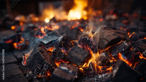 A close-up shot of coal burning within a hearth