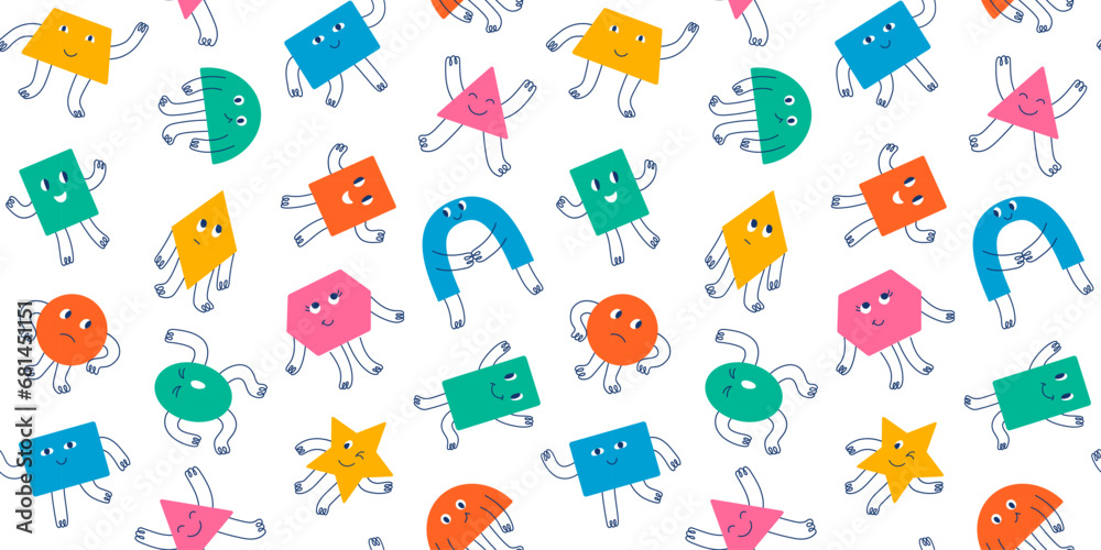 Seamless pattern different funky colorful basic geometric figures with face emotions, hands and legs in hand drawn style. Doodle flat illustration for kids. For textile, wrapper, background.