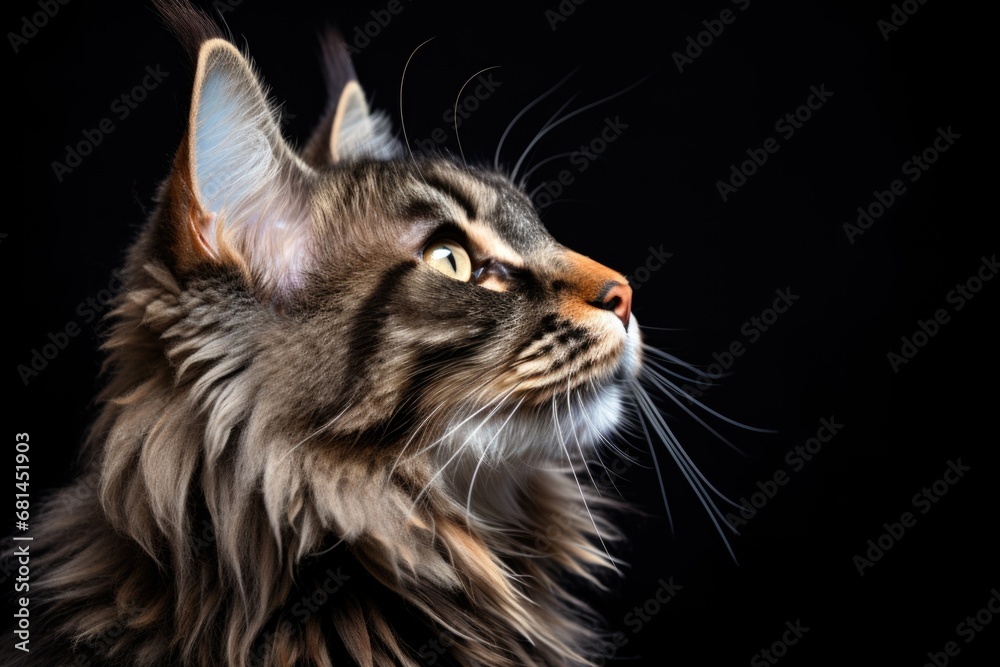 A close up of a cat with a black background. Happy Maine Coon cat.