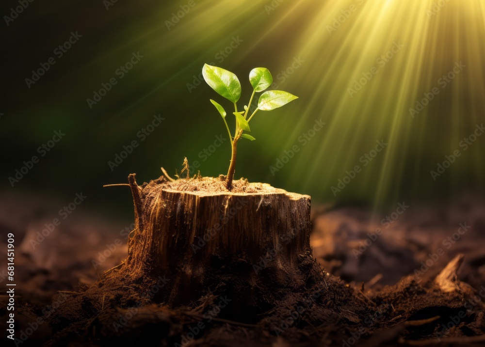 Renewal of Life: Brown Tree Stump with Emerging Green Shoot Stem - obrazy, fototapety, plakaty 