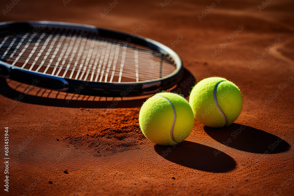 A pair of tennis balls and a racket are placed on a clay court, capturing the texture and details of the playing surface
