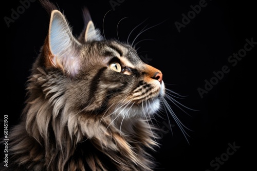 A close up of a cat with a black background. Happy Maine Coon cat. © tilialucida