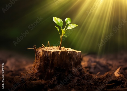 Renewal of Life: Brown Tree Stump with Emerging Green Shoot Stem