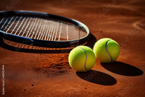 A pair of tennis balls and a racket are placed on a clay court, capturing the texture and details of the playing surface © Davivd