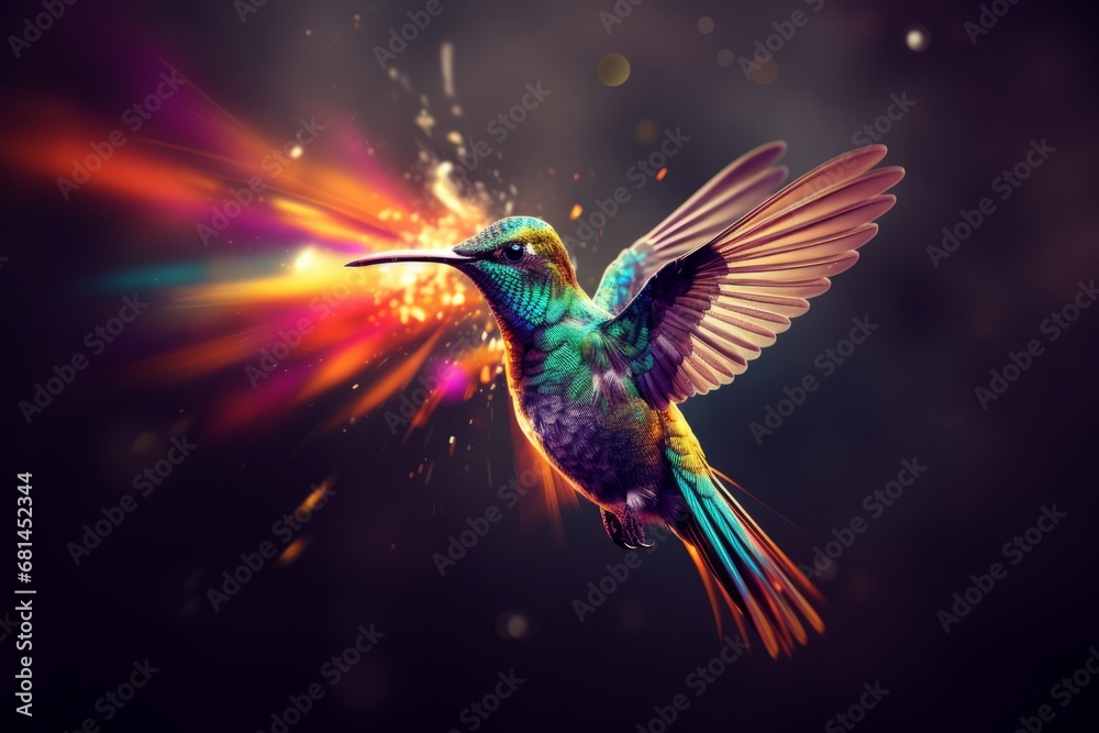 Obraz premium Vibrant Hummingbird in Flight with Colorful Air Background, Copy Space