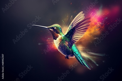 Vibrant Rainbow Hummingbird with Colorful Splash, Nature Background, Copy Space © ParinApril
