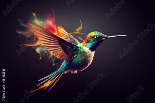 Vibrant Hummingbird in Flight with Colorful Air Background, Copy Space © ParinApril