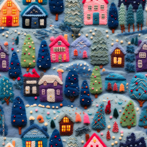 Vibrant and Cozy Winter Village Needlework Seamless Background