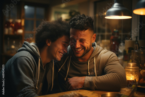 Young handsome multinational gay male couple hugging at home