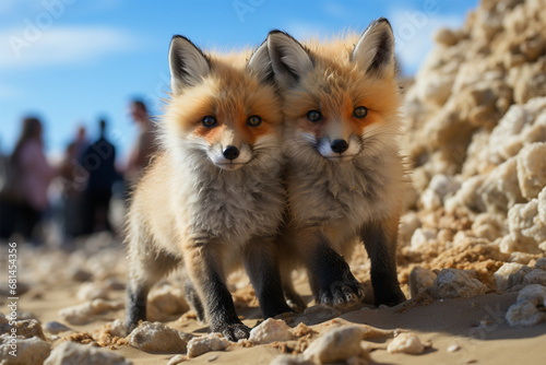 a pair of Foxes are walking on the beach © Angah