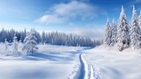 Winter snowy landscape with cross country skiing trails. Generative AI