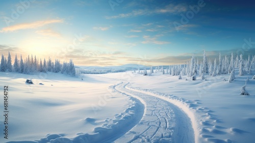 Winter snowy landscape with cross country skiing trails. Generative AI © Lubos Chlubny