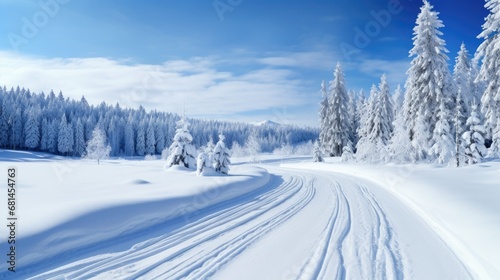 Winter snowy landscape with cross country skiing trails. Generative AI © Lubos Chlubny