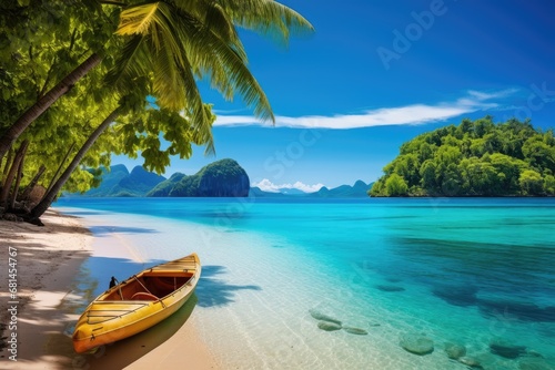 Beautiful paradise beach and sea with kayak boat. Holiday vacation concept