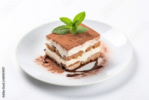 Tasty homemade tiramisu cake, isolated on white background