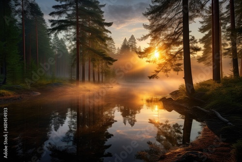 Pine forest and lake at sunrise. The nature of Scandinavia